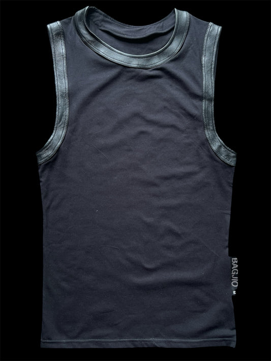 BLACK LEATHER PIPED VEST